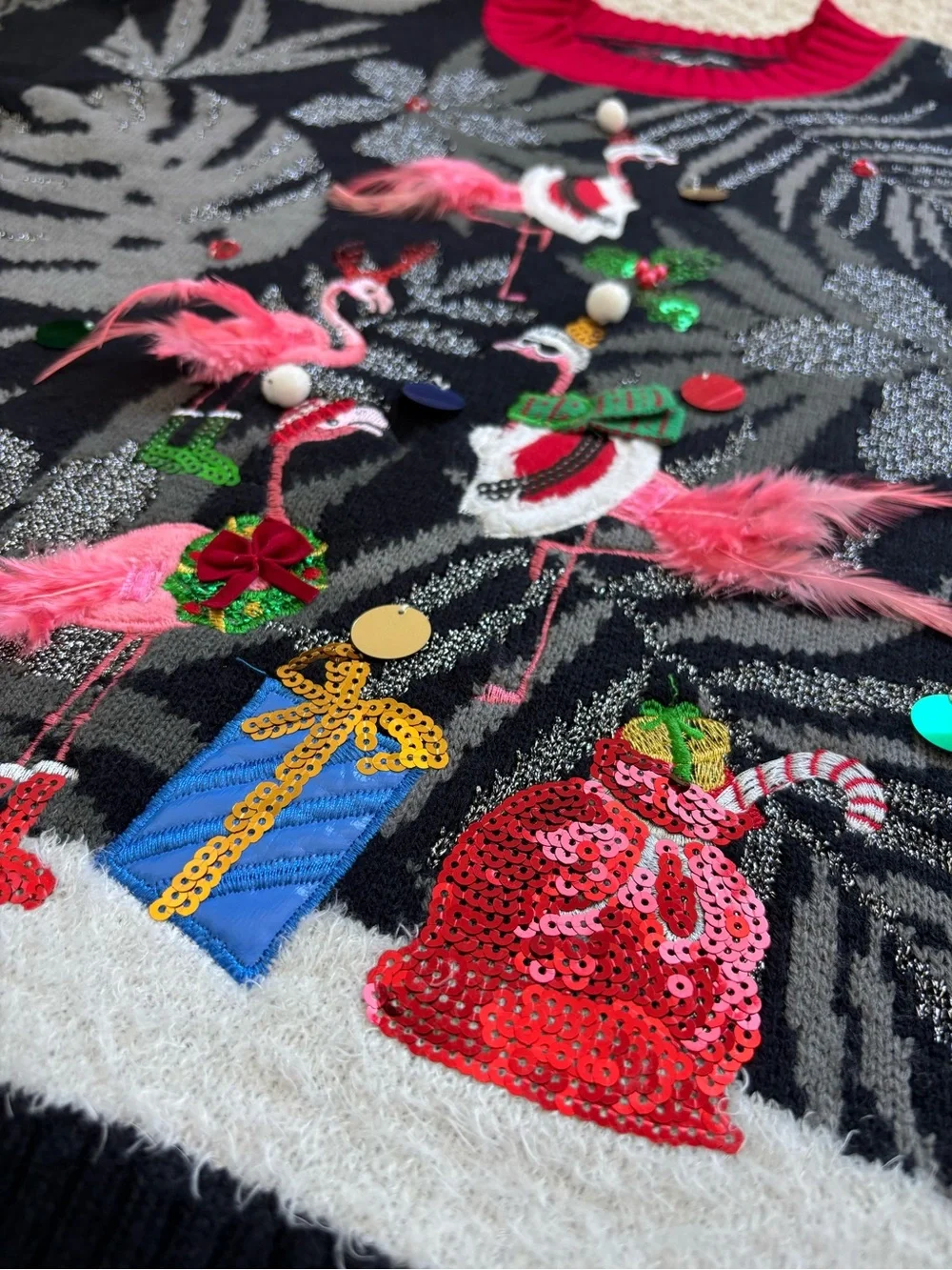 33 Degrees Ugly Christmas Sweater Tropical Flamingos Black Gray